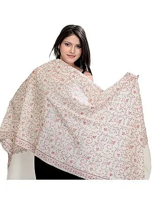 Vanilla-Ice Kashmiri Tusha Stole with Sozni Embroidered Flowers By Hand