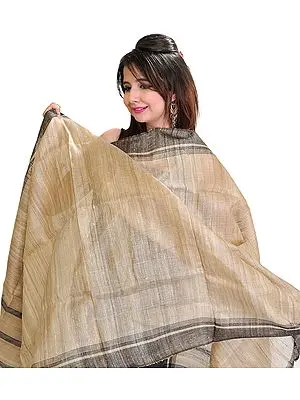 Plain Almond-Buff Dupatta from Jharkhand with Woven Stripes on Border