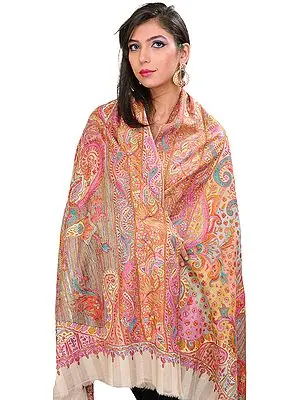 Biscotti-Beige Pure Pashmina Shawl from Kashmir with Hand-Embroidered Flowers All-Over