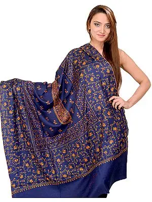 Brilliant-Blue Tusha Shawl with Sozni Hand-Embroidered Paisleys and Flowers
