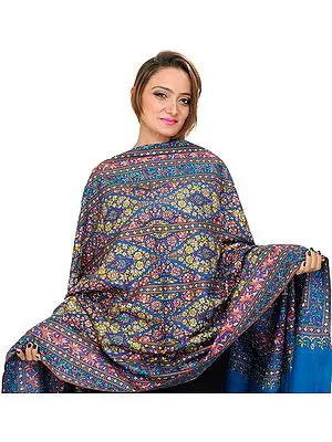 Swedish-Blue Kashmiri Pure Pashmina Shawl with Intricate Sozni Embroidered Flowers by Hand