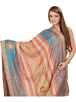 Jamawar Shawl from Amritsar with Aari Embroidered Flowers and Paisleys