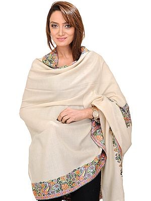 Winter-White Plain Pashmina Shawl with Intricate Hand-Embroidery Flowers on Border
