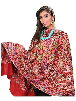 Rio-Red Designer Pashmina Shawl from Kashmir with Sozni Embroidery by Hand