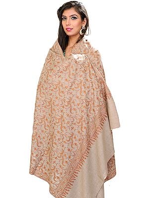 Silver-Cloud Kashmiri Pashmina Shawl with Jafreen Jaal Embroidered Flowers All-Over