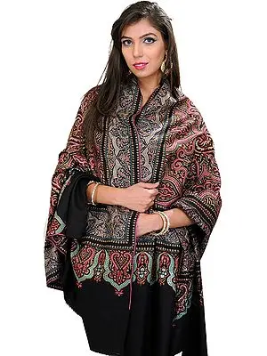 Jet-Black Pashmina Shawl with Indricate Needle Embroidery By Hand