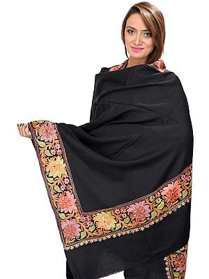 Plain Shawl from Amritsar with Aari Embroidered Flowers on Border
