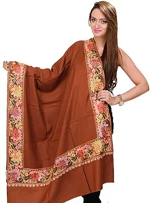 Plain Shawl from Amritsar with Aari Embroidered Flowers on Border