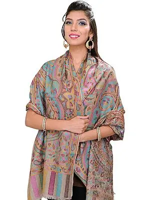 Tuscany-Gray Kani Pashmina Stole with Woven Paisleys in Multi-Colored Thread