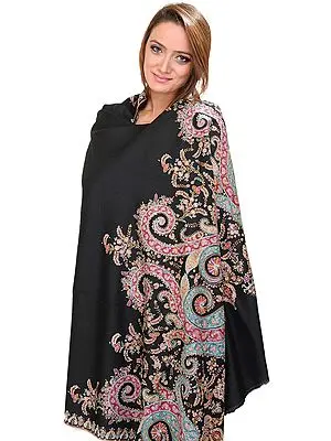 Jet-Black Designer Pashmina Shawl from Kashmir with Hand-Embroidered Paisleys on Border