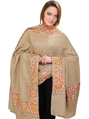 Almond-Sand Plain Shawl from Kashmir with Hand Embroidered Flowers on Border