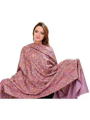 Prism-Pink Pure Pashmina Shawl with All-Over Hand-Embroidered Flowers in Multi-Colored Thread