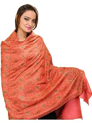 Orange-Peel Kashmiri Pashmina Shawl with Sozni Embroidered Maple Leaves