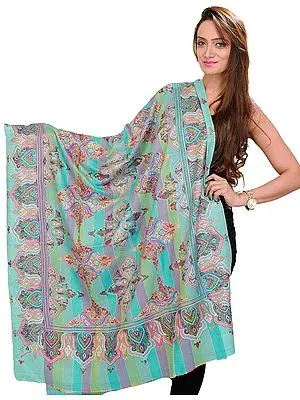 Multi-Color Pure Pashmina Shawl with Sozni Embroidery on Hand-woven Stripes