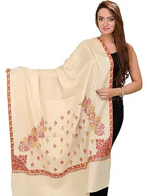 Almond-Buff Pashmina Shawl from Kashmir with Hand Embroidered Maple Leaves