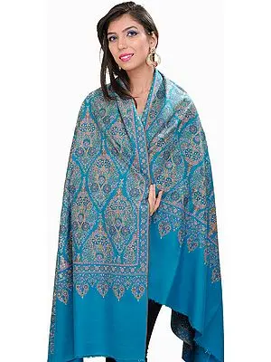 Brilliant-Blue Pure Pashmina Shawl from Kashmir with Intricate Hand-Embroidery By Hand