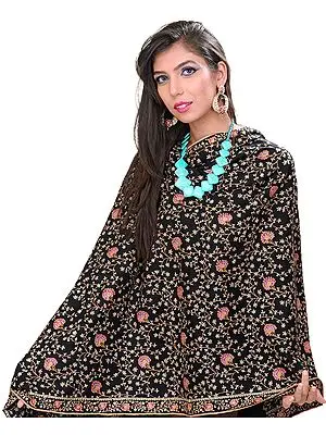 Jet-Black Pure Pashmina Shawl with Hand-Embroidered Floral Jaal