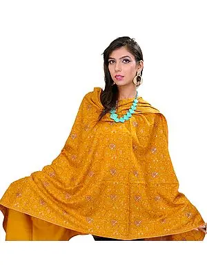 Mustard Pure Pashmina Shawl from Kashmir with Sozni Floral Embroidery