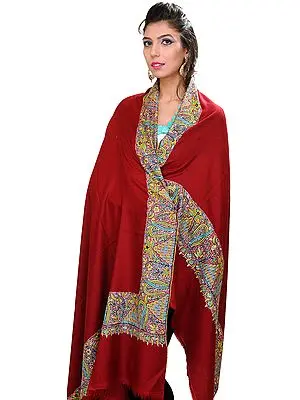 Burnt-Red Plain Kashmiri Shawl with Hand Embroidered Flowers on Border