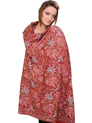 Brick-Red Pure Pashmina Kashmiri Shawl with Sozni Embroidered Flowers