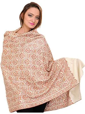 Winter-White Kashmiri Pure Pashmina Shawl with Sozni Embroidered Flowers All-Over