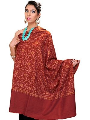 Burnt-Orange Pure Pashmina Shawl with Sozni Embroidered Flowers All-Over