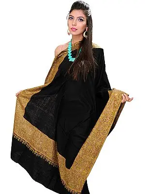 Jet-Black Plain Pashmina Shawl from Kashmir with Wide Sozni Hand-Embroidered Border