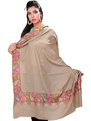 Warm-Taupe Pure Pashmina Shawl from Kashmir with Hand-Embroidered Paisleys on Border