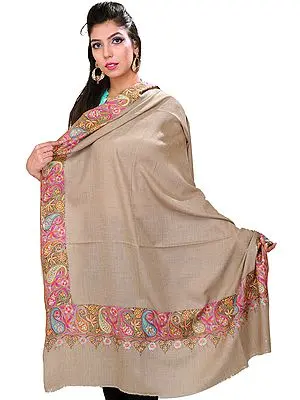 Warm-Taupe Pure Pashmina Shawl from Kashmir with Hand-Embroidered Paisleys on Border