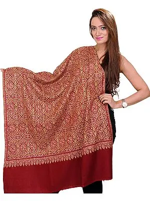 Burnt-Red Pure Pashmina Shawl from Kashmir with Sozni Floral Embroidery by Hand