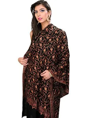 Jet-Black Pure Pashmina Kashmiri Shawl with Sozni Embroidered Flowers
