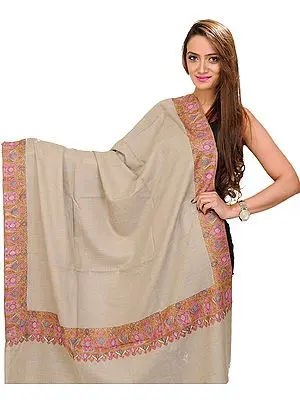 Light-Taupe Kashmiri Pure Pashmina Shawl with Needle Embroidered Paisleys on Border