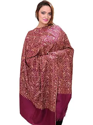 Purple Pure Pashmina Shawl from Kashmir with Sozni Embroidered Paisleys All-Over