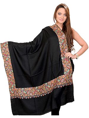 Jet-Black Plain Pashmina Shawl from Kashmir with Intricate Sozni Embroidered Flowers on Border