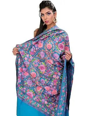 Hawaiian-Ocean Shawl from Kashmir with Aari Embroidered Flowers