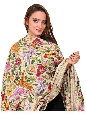 Cloud-Cream Kantha Dupatta with Hand-Embroidered Birds and Foliage