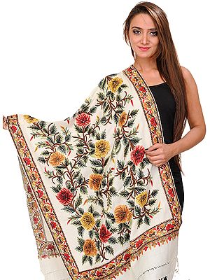 Vanilla-Ice Stole from Kashmir with Aari Embroidered Flowers by Hand