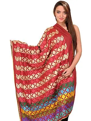 Burnt-Russet Phulkari Dupatta with Aari Embroidery All-over