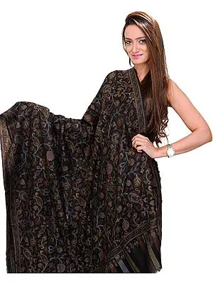 Black Pure Pashmina Shawl with Multi-Colored Kani Weave