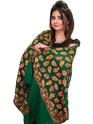 Pure Wool Stole from Amritsar with Aari Embroidered Leaves and Sequins