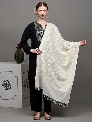 Pure Wool Stole from Amritsar with Aari Embroidered Leaves and Sequins