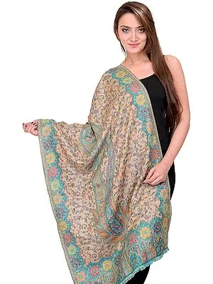 Fog-Colored Kani Stole with Woven Paisleys in Multi-Colored Thread