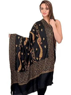 Black Kashmiri Tusha Shawl with Sozni Hand-Embroidered Large Paisleys