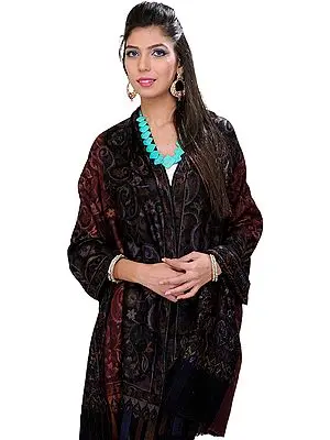 Oxblood-Red and Black Double-Shaded Pashmina Stole with Multi-Color Kani Weave