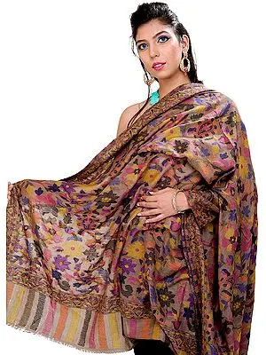Warm-Taupe Kani Shawl from Kashmir with Woven Flowers in Multi-Colored Thread