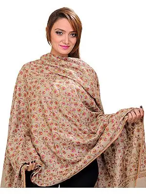 Oxford-Tan Kashmiri Pure Pashmina Shawl with Sozni Embroidered Flowers by Hand