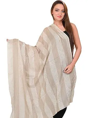 Moonstruck Pashmina Shawl with Woven Stripes and Self Weave, as an Imitation of Shahtush