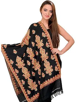 Jet-Black Kashmiri Stole with Aari Embroidered Paisleys by Hand