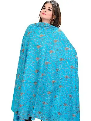 Scuba-Blue Tusha Shawl from Kashmir with Sozni Hand-Embroidered Flowers