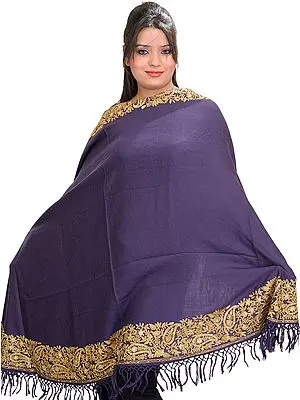 Plain Arc Shawl from Amritsar with Embroidered Paisleys and Crystals on Border